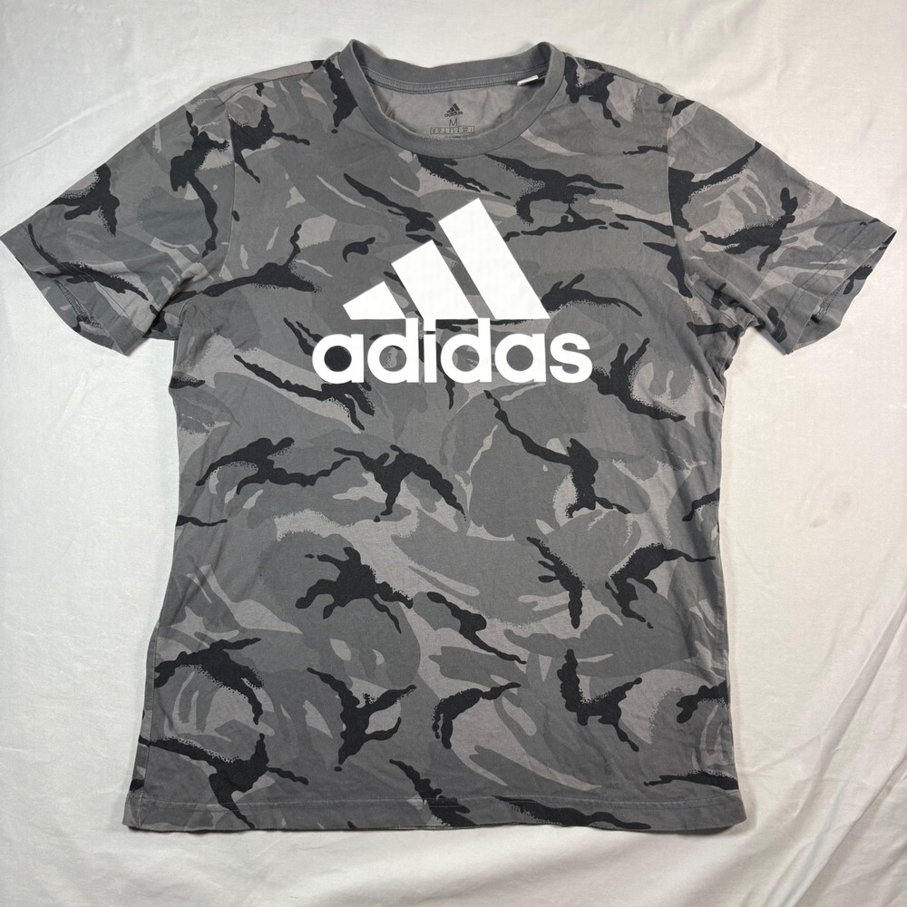 Adidas Essentials Camo Print T-Shirt Mens Size Medium Grey Black Logo GK9951